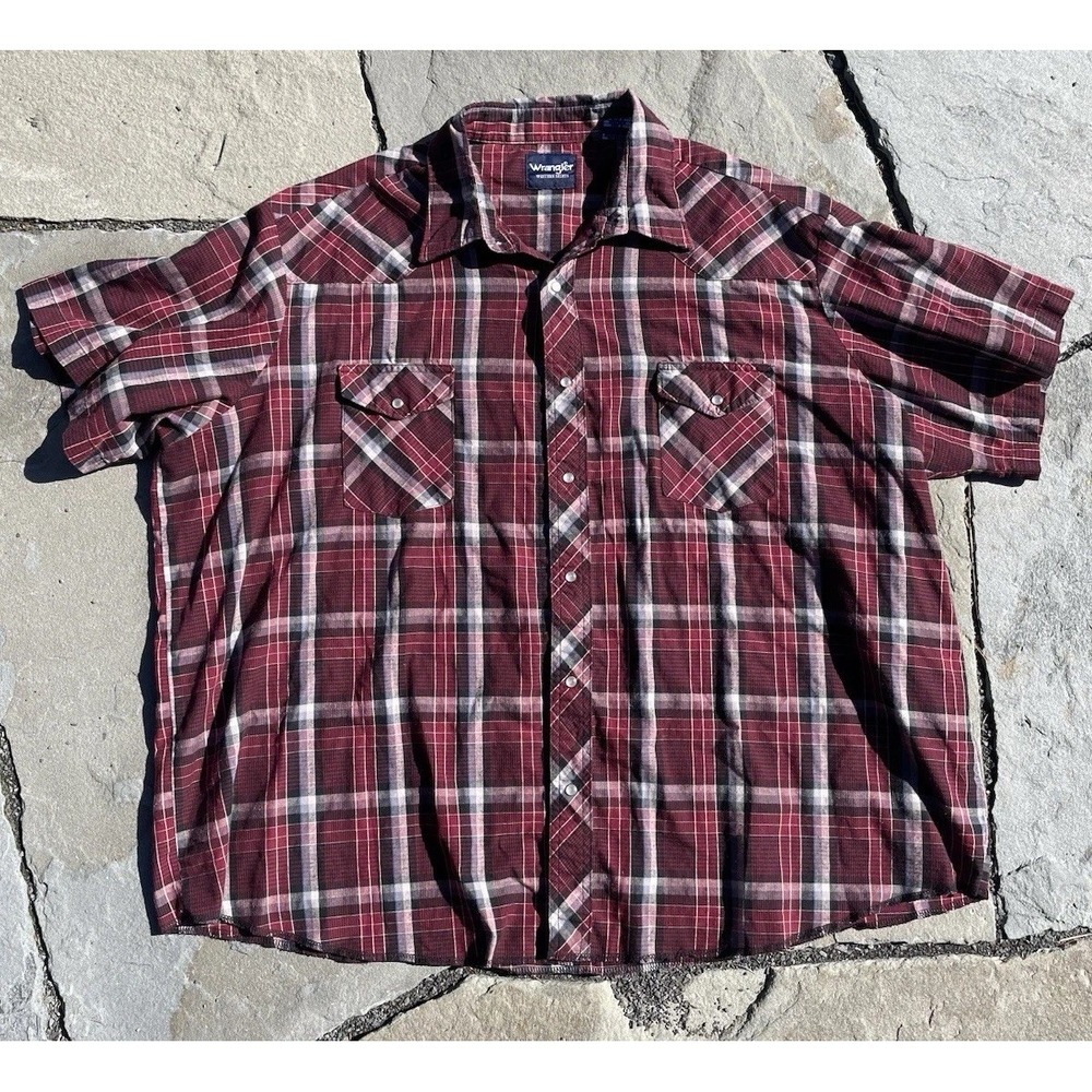 Vintage Wrangler Men Pearl Snap Shirt 3XL Red Plaid Western Thin Short Sleeve